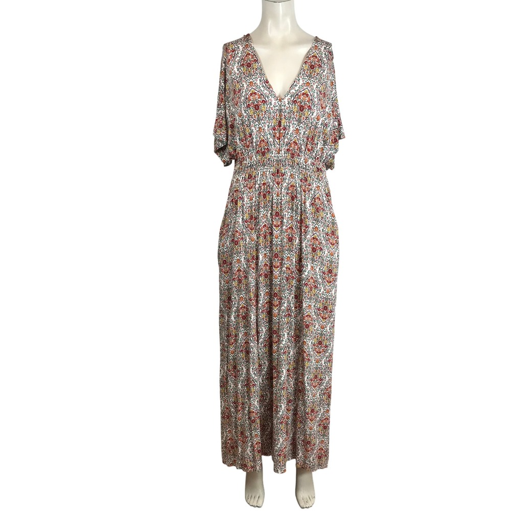 Boden Floral Print Maxi Dress in Cream, Red and Blue
